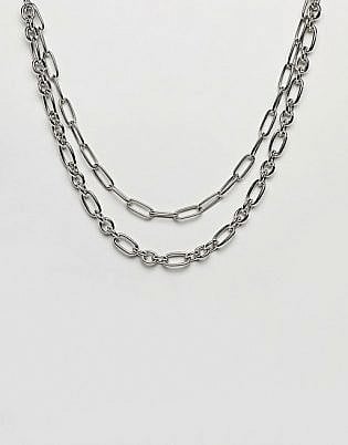 Asos Design Multirow Necklace With Hardware Chains In Silver