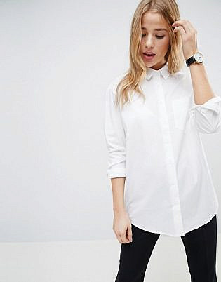 Asos Design Slim Boyfriend Shirt With Pleat Detail Back In Stretch Cotton