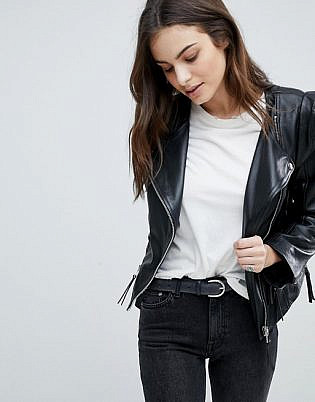 Asos Leather Biker Jacket With Shoulder Pads