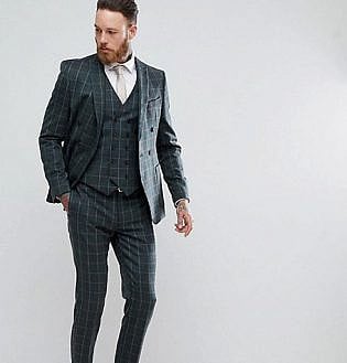 Asos Skinny Double Breasted Suit In Khaki Country Check