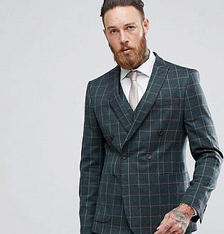 Asos Skinny Double Breasted Suit Jacket In Khaki Country Check