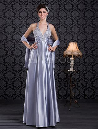 Baby Blue Evening Dress Halter Beading Party Dress V Neck Backless Satin Long Prom Dress