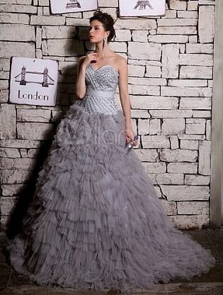 Ball Gown Gray Tulle Beading Sweetheart Neck Sweep Evening Dress