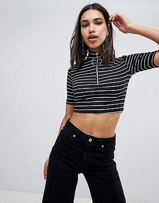Boohoo Striped High Neck O Ring Crop Top