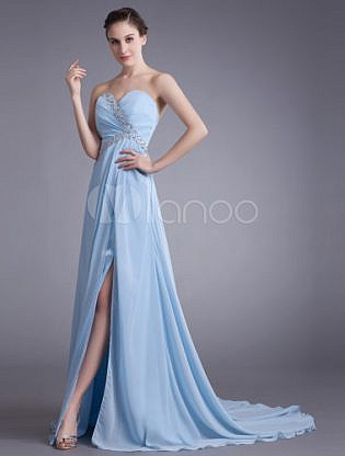 Chiffon Evening Dress Baby Blue Sweetheart Strapless Prom Dress Sexy High Split Cut Out Formal Dress With Chapel Train