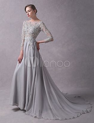 Evening Dresses Light Grey Backless Long Sleeve Lace Applique Beaded Illusion Sash Formal Dresses With Train