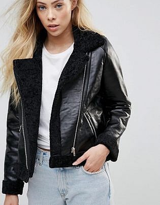 Goldie Rocky Faux Leather Cropped Jacket With Faux Fur Lining And Metal Zippers