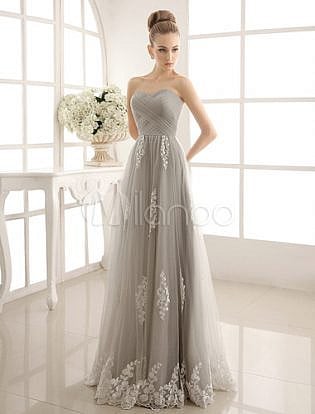 Gray Lace Ruffles Strapless Satin Tulle Wedding Dress