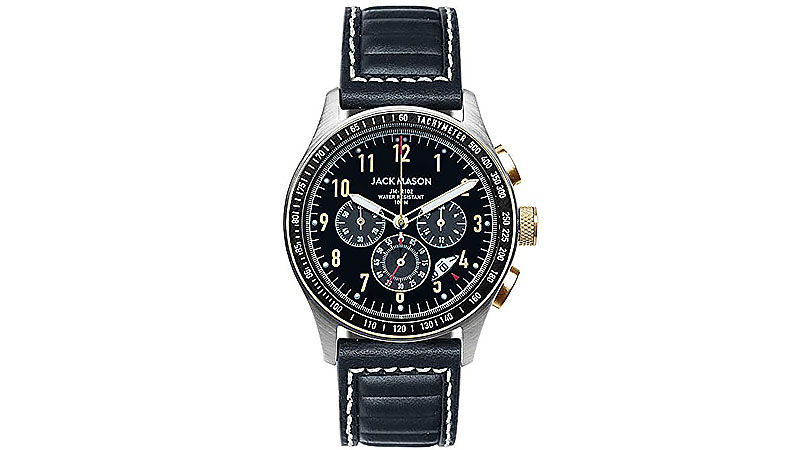 Jack Mason Racing Chronograph Two Tone Bezel Black Dial, Black Leather Strap