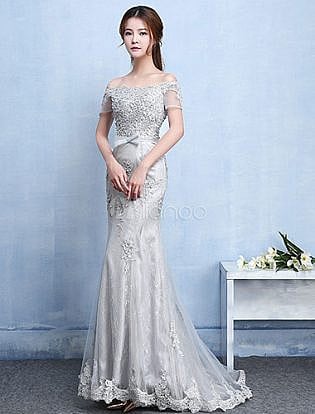 Lace Evening Dress Silver Mermaid Party Dress Off The Shoulder Applique Beading Short Sleeve Bow Sash Occasion Dress With Train
