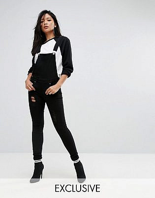 Liquor N Poker Skinny Fit Dungarees With All Over Rips & Distressing