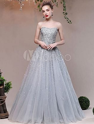 Luxury Prom Dresses Long Beading Sequins Strapless Silver Tulle Floor Length Formal Party Dresses