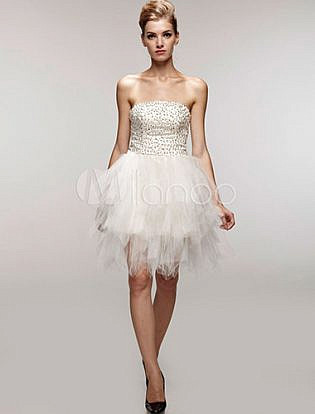 Magnificent White Gauze Strapless Beaded Mini Wedding Dress