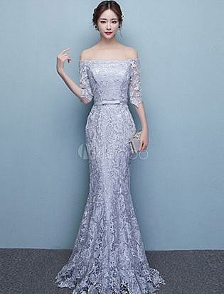 Mermaid Evening Dress Lace Off The Shoulder Party Dress Silver Half Sleeve Floor Length Occasion Dress With Bow Sash