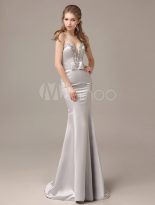Mermaid Floor Length Silver Satin Draped Evening Dress With Sweetheart Neck