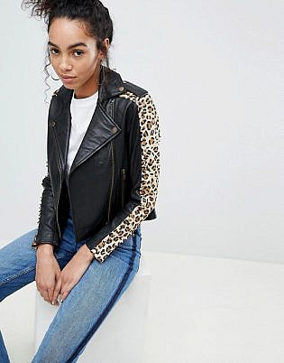 Muubaa Laurel Leopard Print Arm Leather Biker Jacket
