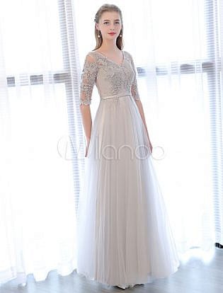Prom Dresses Long Light Gray V Neck Lace Half Sleeve Beading Sash Floor Length Tulle Formal Party Dress