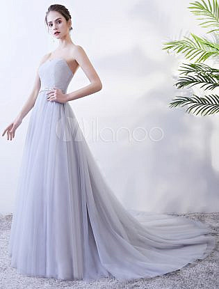 Prom Dresses Strapless Sweetheart Evening Gowns Tulle Pleated Beading Sash Formal Dress With Train