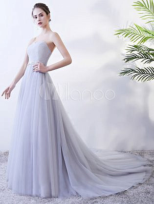 Prom Dresses Strapless Sweetheart Evening Gowns Tulle Pleated Beading Sash Formal Dress With Train