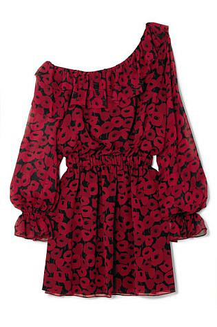 Saint Laurent One Shoulder Floral Print Silk Georgette Mini Dress