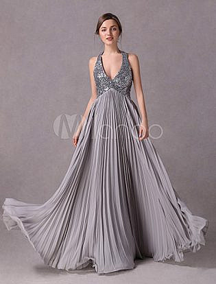 Silver A Line Halter Floor Length Chiffon Satin Evening Dress