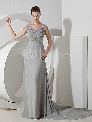Silver Chiffon Applique Floor Length Evening Dress