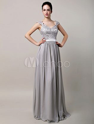 Silver Chiffon Evening Dress Lace Strapes Floor Length Party Dress V Neck Backless Prom Dress