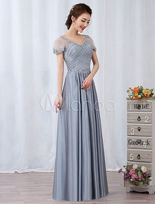 Silver Evening Dresses Maxi Lace Applique Beaded Short Sleeve Pleated Long Wedding Guest Dress