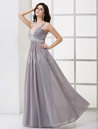 Silver Pleated V Neck Beaded Applique Chiffon Maxi Evening Dress