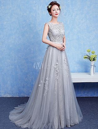 Silver Prom Dress Tulle Backless Party Dress Lace Applique A Line Occasion Dress With Train