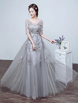 Silver Prom Dress Tulle Backless Party Dress Lace Applique Beading Illusion Half Sleeve Scoop Neckline A Line Maxi Occasion Dress