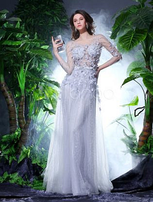 Silver Tulle Beading Prom Dress Milanoo