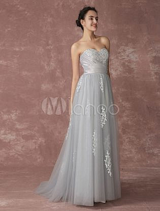 Silver Wedding Dress Beach Wedding Dress Strapless Tulle Bridal Gown Grey Backless Embroideries Beaded Court Train Lace Bridal Dress Milanoo