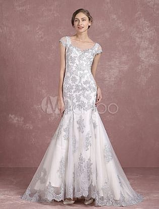 Silver Wedding Dress Mermaid Bridal Dress Lace Applique Bridal Gown Sheer Back Sleeveless Button Scoop Court Train Bridal Dress Milanoo
