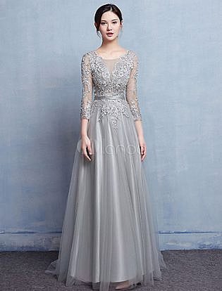 Tulle Mother Dress Silver Evening Dress Lace Applique Beading Illusion Wedding Guest Dresses With Train
