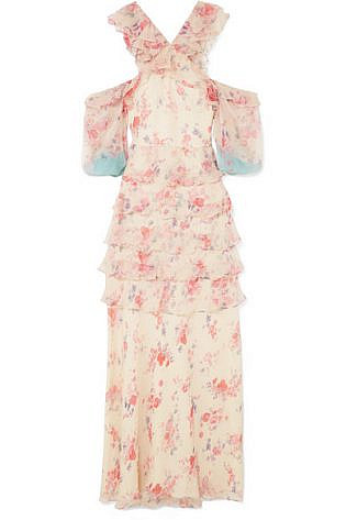 Vilshenko Alisanna Cold Shoulder Printed Crinkled Silk Chiffon Gown