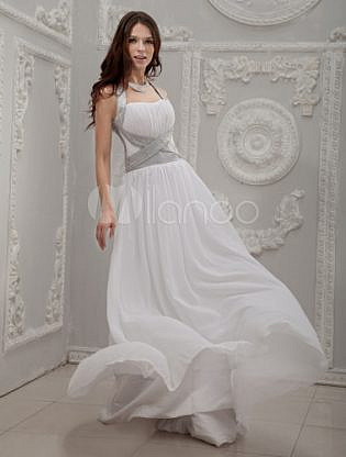 White Halter A Line Beading Chiffon Wedding Dress