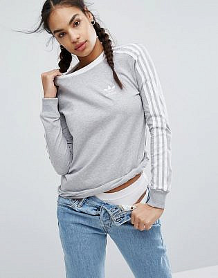 Adidas Originals Grey Three Stripe Long Sleeve T Shirt