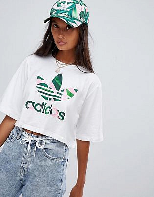 Adidas Originals X Farm Cropped T Shirt With Trefoil Logo In White