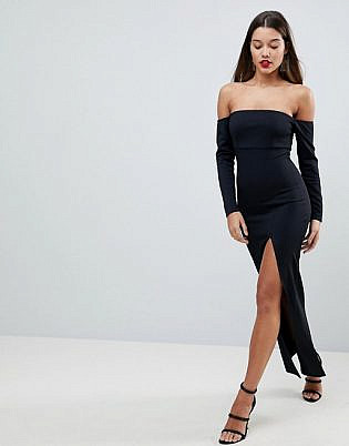Asos Bardot Scuba Maxi Dress With Thigh Split