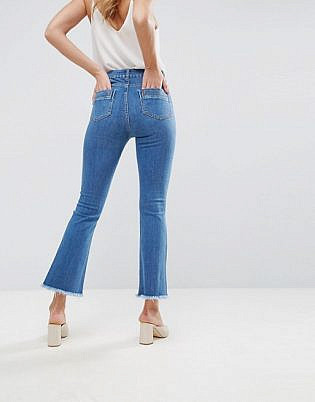 Asos Design Egerton Rigid Cropped Flare Jeans In Mid Wash Blue With Raw Hem