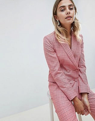 Asos Design Tailored Double Breasted Blazer In Red Check