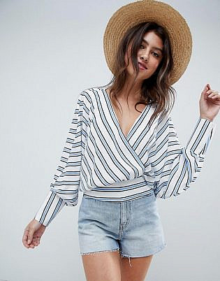 Asos Design Batwing Plunge Top In Blue & White Stripe