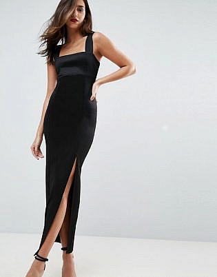 Asos Design Square Neck Scuba Maxi Dress With Thigh Split