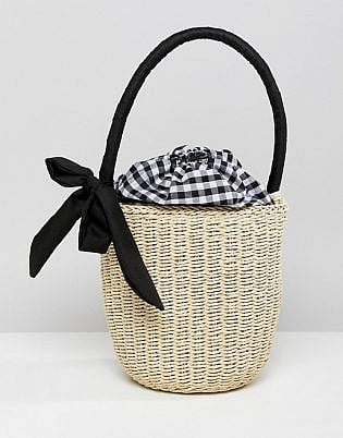 Asos Design Straw Top Handle Basket Bag With Gingham Insert