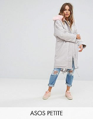 Asos Petite Oversized Parka With Pink Faux Fur Hood