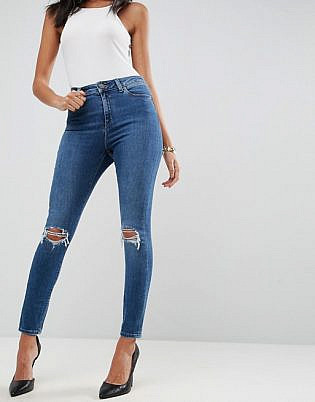 Asos Ridley High Waist Skinny Jeans In Corinne Dark Wash With Rips And Busts