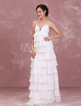 Beach Wedding Dresses Ivory V Neck Boho Wedding Gown Tiered Ruffles Spaghetti Straps Floor Length Summer Bridal Dress