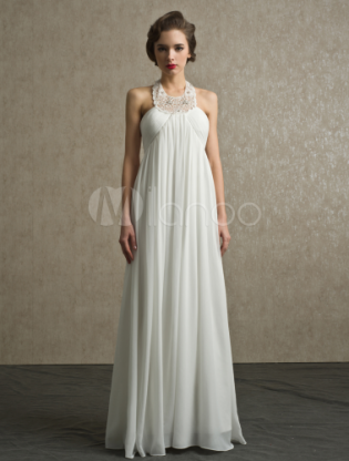 Boho Beach Wedding Dress A Line Floor Length Ivory Rhinestone Bridal Wedding Gown With Halter Neck
