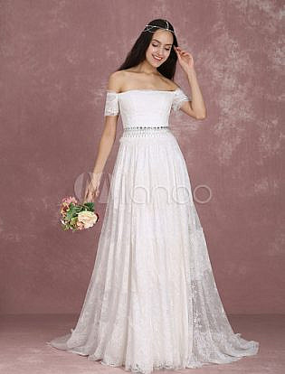 Boho Wedding Dress Lace Ivory Bridal Dress Off The Shoulder Beading A Line Bridal Gown With Train Milanoo